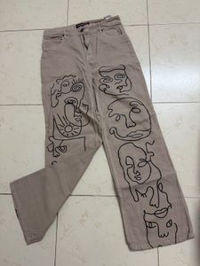 Unique Abstract Face Print Wide Leg Jeans