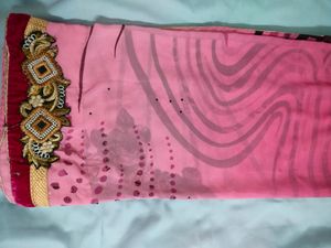 Pink Saree With Border And Blouse Too If You Want