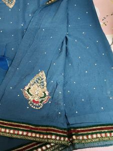 Embroidered Teal Saree with Blouse Piece
