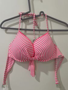 Chic Pink &amp; White Striped Tie-Front Halter Bikini