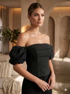 Elegant Dark Grey Sequin Puff Sleeve Top