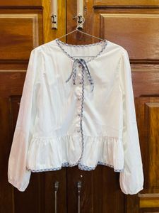 White Peplum Blouse with Gingham Trim