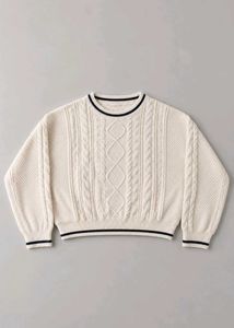 IVORY CABLE-KNIT STRIPED TRIM SWEATER