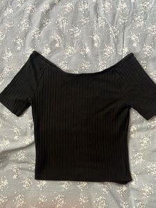 Black Ribbed Button-Up Top