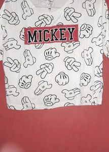 Mickey Mouse Print Cropped T-Shirt