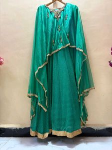 Elegant Green Ethnic Gown with Cape