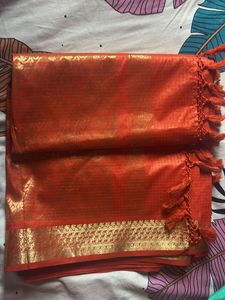 Orange Silk Saree with Gold Border