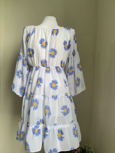 Korean Daisy Print Tiered Midi Dress