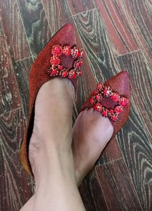 Sparkly Red Pointed Toe Flats with Embellishments