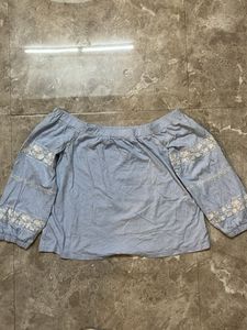 Light Blue Off-Shoulder crop Embroidered Top