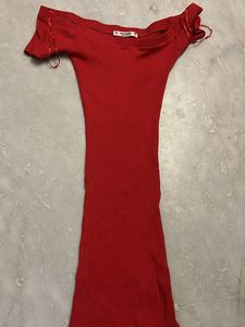 Red Off-Shoulder Ribbed Bodycon Dress