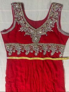 Red Long Flared Gown With Heavy Embroidery