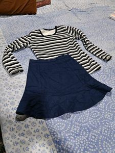 Striped Long Sleeve Top &amp;winter  Denim Skirt Set