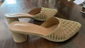 Gold Embellished Block Heel Mules