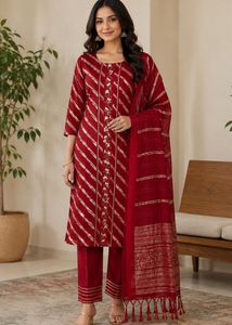 Maroon Kurta Set with Gold Stripes
