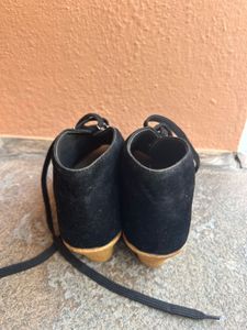 Black Suede Peep-Toe Wedge Boots