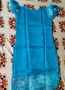 Teal Blue Organza Kurti with Sheer Puff Sleeves
