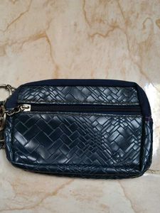 Blue Woven Zipper Pouch with Keychain