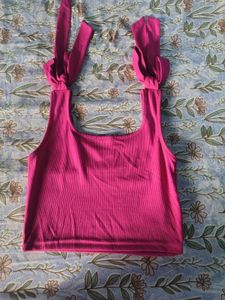 Hot Pink Ribbed Crop Top with Tie Sleeves