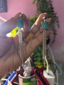 Chunky Turquoise Drop Earrings with Silver Chains