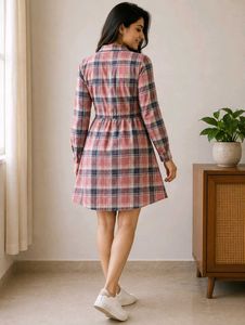 Checked Shirt Dress for Women with Waist Tie
