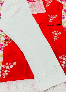 Red &amp; White Chikankari Kurta Set
