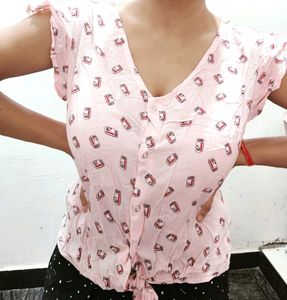 Cute Boba Print Tie-Front Top