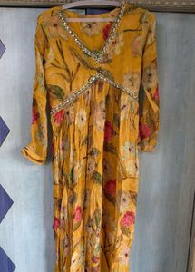 Yellow Floral Print Kurta with Embellished Necklin