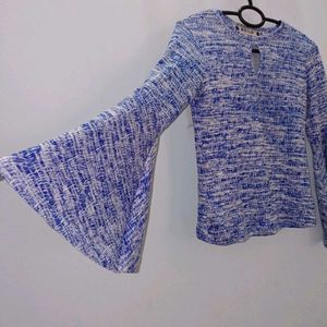 Boho Bell Sleeve Blue &amp; White Top