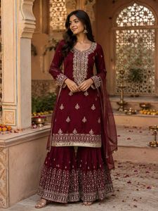 Embroidered Maroon Sharara Suit