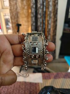 Premium Silver Oxidised Mirror Work Kada Bracelet