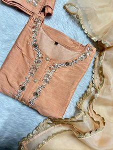 Embroidered Peach Kurta Set with Dupatta