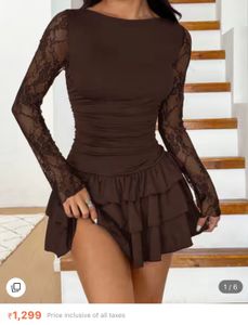 Elegant Brown Lace Sleeve Mini Dress