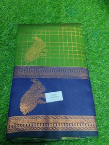 Elegant Green & Blue Silk Saree with Peacock Motif