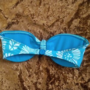 Turquoise Floral Print Bandeau Padded Bikini Top