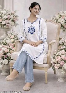 White Kurta with Blue Embroidery