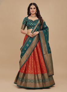 Elegant Teal & Orange Banarasi Silk Lehenga