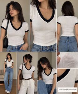 Zara White Ribbed V-Neck T-Shirt