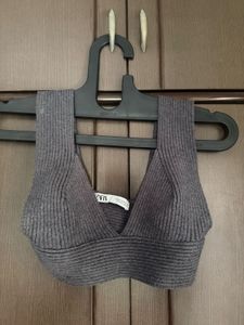 Grey Ribbed V-Neck Crop Top