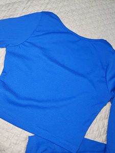 Blue Ribbed Square Neck Cropped Top