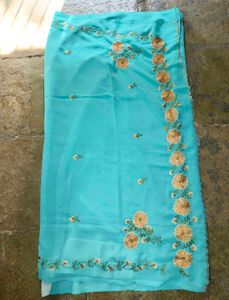 Aqua Blue Embroidered Saree