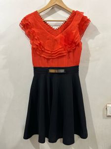 S Orange &amp; Black Ruffle Belted Fit &amp; Flare Dress