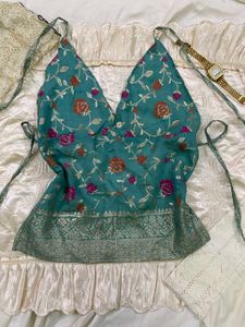 y2k Elegant Teal Floral Halter Top