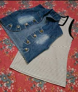 Denim Vest & Striped Top Set