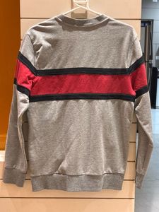 Grey Pullover Sweatshirt with Red Stripe