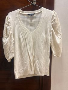 Cream V-Neck Knit Top with Puff Sleeves