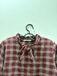 Korean Style Maroon Checkered Tie-Neck