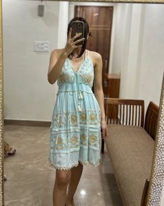 LIGHT BLUE BEADED LACE BOHEMIAN MINI DRESS