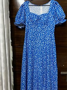 Blue Floral Puff Sleeve Midi Dress