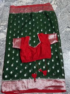 Green Silk Saree with Red Blouse